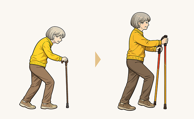 杖に頼って前かがみだった姿勢が、専用ポールを使うと上へ伸びる様子