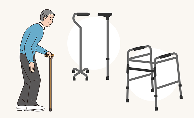 杖に体重を預けて前かがみに歩く高齢者と、杖・歩行器のイラスト